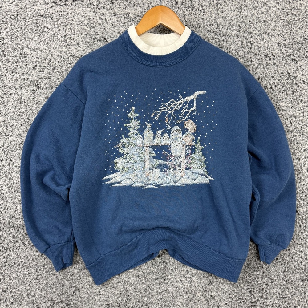 Vintage 90s Christmas Sweatshirt Womens Large Blue Tree Snow Animals Ugly USA L